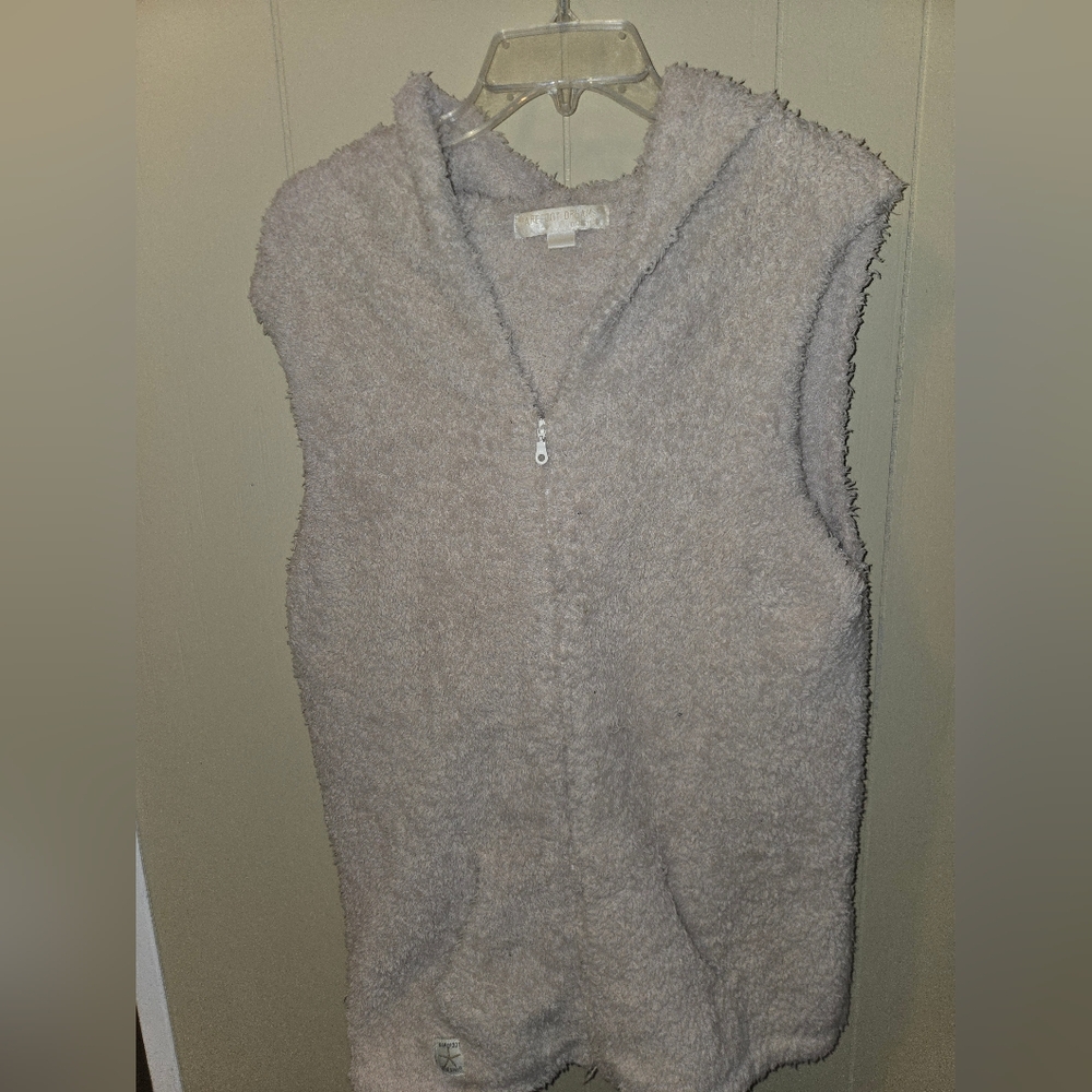 Womens Barefoot Dreams CozyChic Tan Sleeveless Sweater Vest w/ Hood Size LARGE